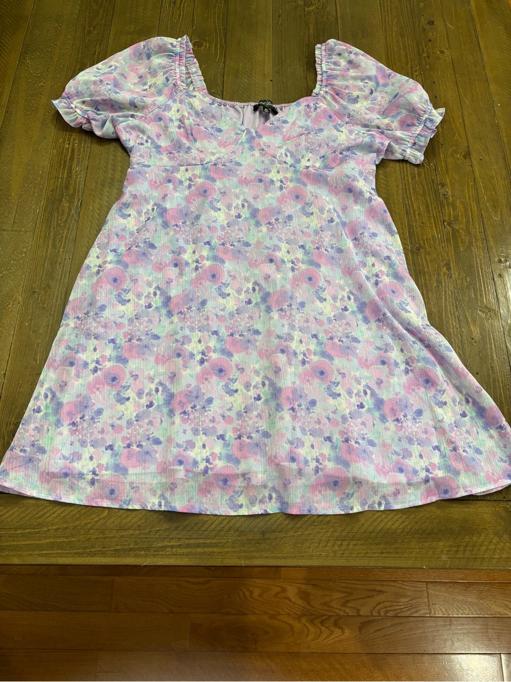 Crystal Doll Pastel Floral Puff-Sleeve Mini Dress